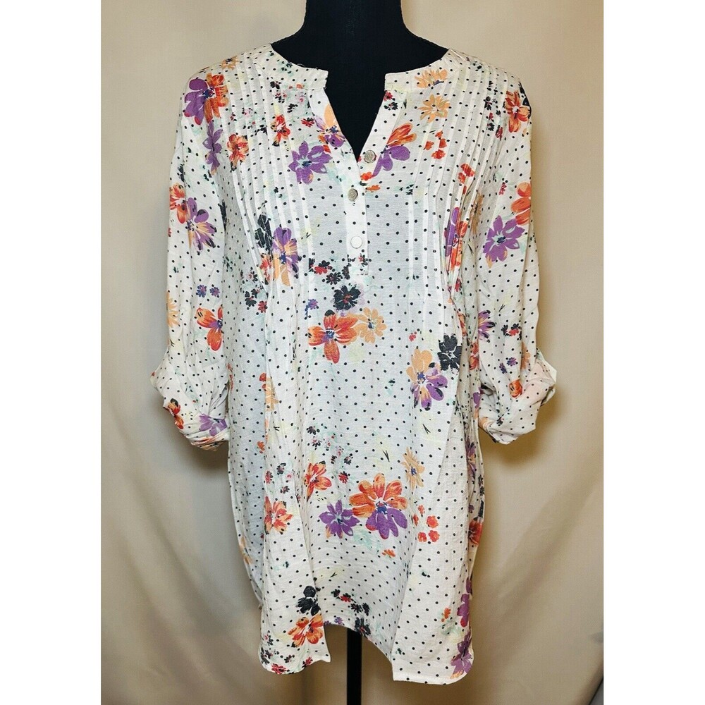 NY Collection Floral‎ Polka Dot V-Neck 3/4 Sleeve Blouse Shirt Women's XL NWT